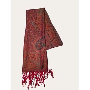 Vintage Paisley Red & Orange Woven Scarf With Fringe Lightweight